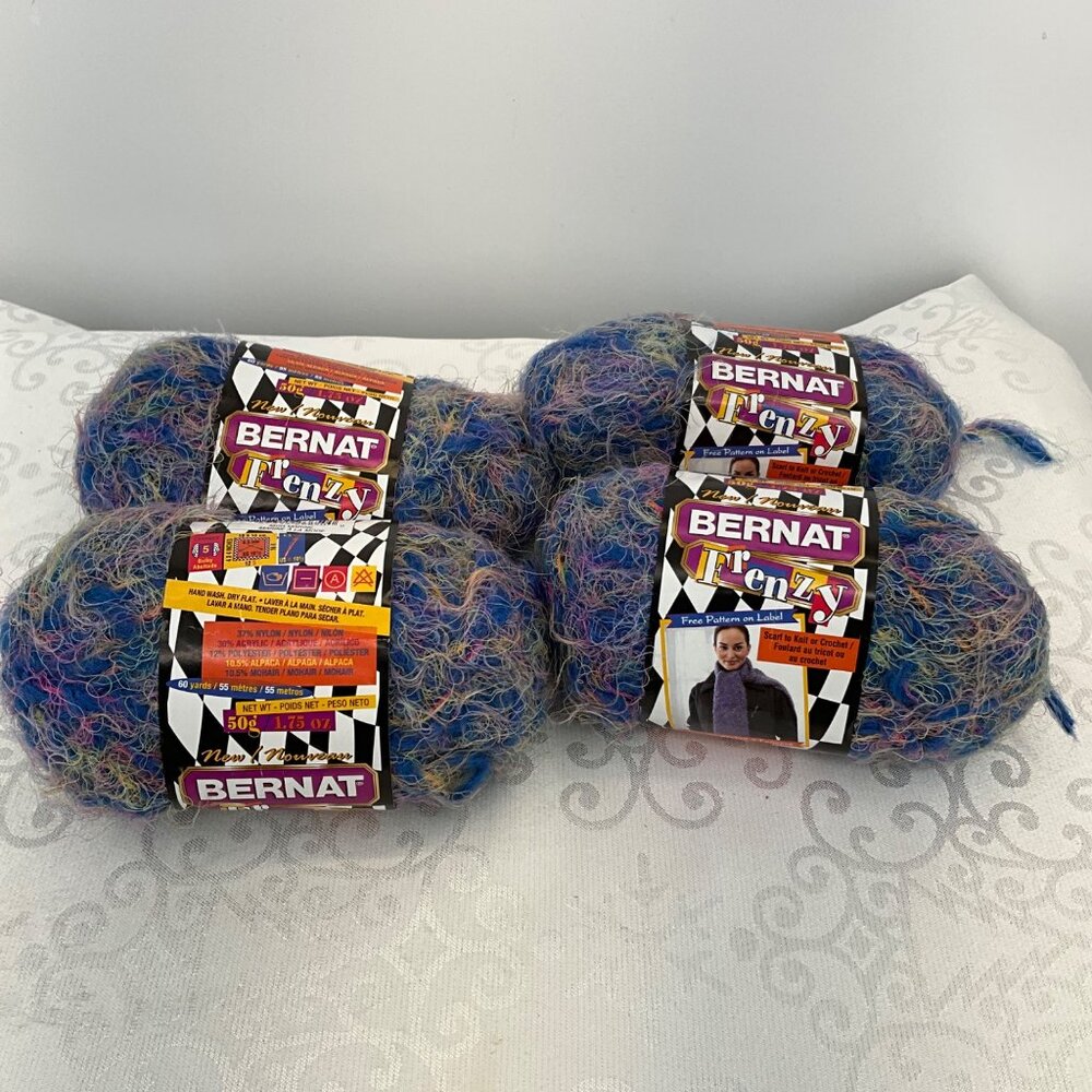 Bernat Frenzy Yarn Lot Of 4 Skeins Multicolor Mohair Hand Wash 60 Yards Each‎